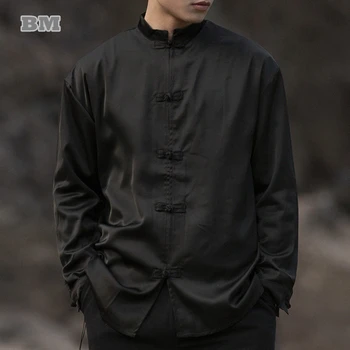 Kevad-Sügis Hiina Traditsiooniline Kleit Tang Ülikond Meestele Vintage Riided Pikk Varrukas Pluss Suurus Must Särk Tai Chi Kung Fu Mantel