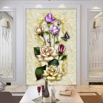 wellyu de papel parede Kohandatud seinamaaling 3d foto tapeet ilus roos ja liblikas marmor sissepääs vahekäiguga 3d tapeet murals