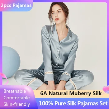 100% Puhas Reaalne Silk Pajama Sleepwear Woemn Pikk Top ja Pant Kaks-töö Pidžaamad Sobiks Pluss Suurus Pijama Mulberry Silk Kodu Sobib