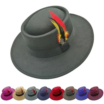 Sulg fedora müts naiste juhtuma top jazz mütsi sulg teenetemärgi müts sügisel ja talvel, meeste lai nokk müts Briti retro müts