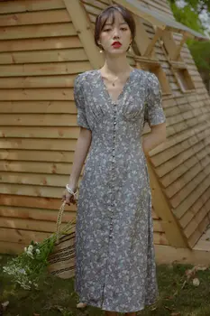 Prantsuse Monet Kleit Killustatud Lill Kleit, mis on Pakitud Ümber Talje Tee Paus Kleit Temperament V-kaeluse Kikyo Pikk Kleit Kevad