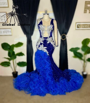 Kuninglik Sinine Õhuke O Kael Pikk Tanssiaiset Kleidid 2023 Beaded Crystal Sünnipäeva Kleit Tutt Merineitsi Õhtul Kleit Ruffles Vestido