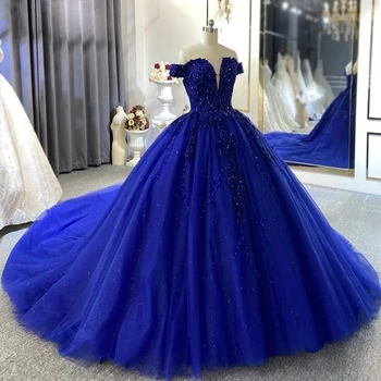 Sinine Luksuslik Läikiv Maha Õla Quinceanera Kleidid Pits Profileerimine Crystal Ball Kleit Magus 15 16 Sünnipäeva Kleit