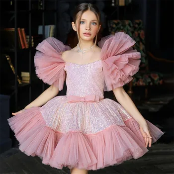Pundunud Tüdruk Kleit Roosa Glitter Lilleneiu Kleit Ruffles Varrukad Printsess Kleit Esimene Õhtusöömaaeg Kleit Baby Girl Dress