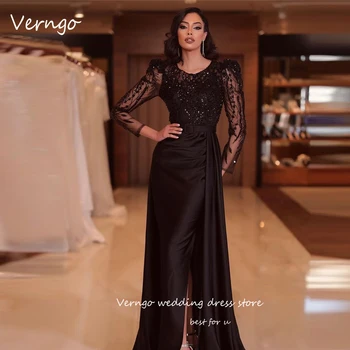 Verngo Glitter Must Merineitsi Õhtul Kleidid Pikkade Varrukatega O-Kaeluse Pleats Split Dubai Araabia Naised Ametlikule Ballile Hommikumantlid Vestido