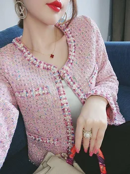 Uus Mood Kõrge Kvaliteediga Luksuslik Disain Raja Tweed Villane Mantel Naiste O-Kaelus Pikk Varrukas Profileerimine Roosa Outwear