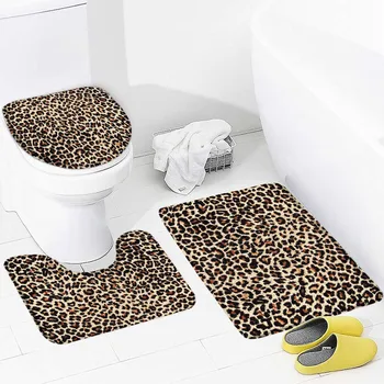 Leopard Printida moe Bath Mat Komplekt Pruun Loomade Karusnaha Geomeetriline Muster Kaasaegse Kodu Vannituba Decor libisemiskindlad Vaibad Wc Kaane Kate