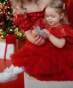 Lühikesed Varrukad Red Flower Girl Kleidid Jõulud Talvel Astmeline 2023 Uus Soft Tülli Tutu Sünnipäeva Hommikumantlid Glitter فساتين بنات صغا