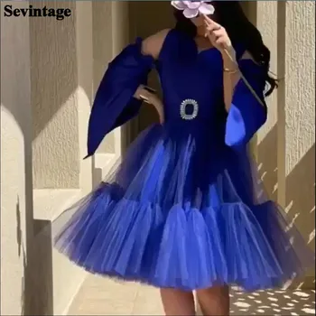 Sevintage Royal Blue Satiin Tülli Saudi Araabia Tanssiaiset Kleidid Pikkade Varrukatega Midi Formaalne Pool, Hommikumantlid Joon Dubai Naiste Õhtukleit