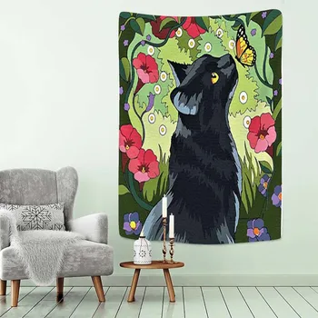 Psühhedeelne Must Kass Vaip Seina Riputamise Roosi ja Sunbeam Art Nouveau Õie Seina Art Loomade Kassi Armastajad Kingitus Home Decor